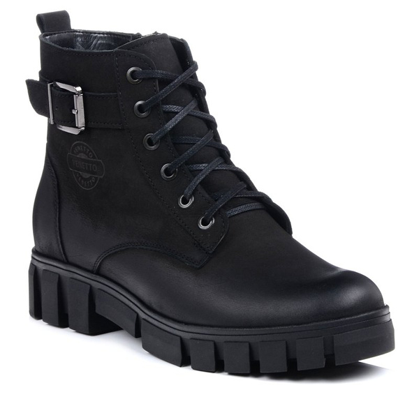 Botki damskie zimowe ocieplane skórzane czarne na platformie Venetto 373