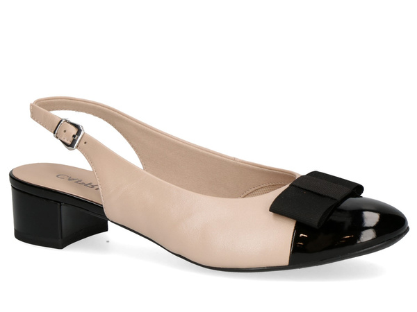 Czółenka damskie beżowo czarne Caprice 29502 odkryta pięta niski obcas