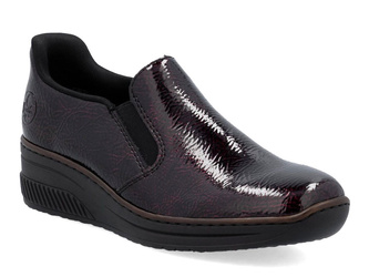 Półbuty damskie bordowe Rieker 48761-35 lakierowane wsuwane na koturnie