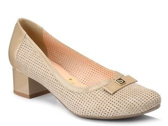 Czółenka damskie beżowe Bioeco 5684 na obcasie skórzane ażurowe wygodne