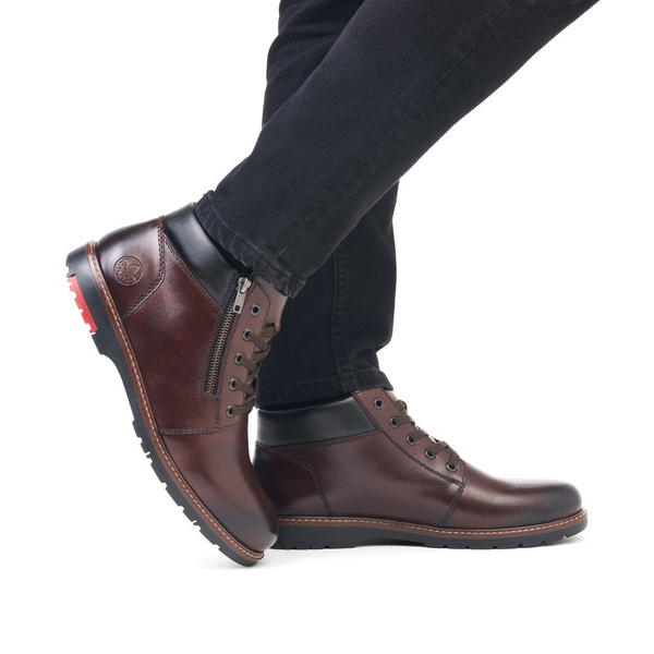 Buty męskie zimowe brązowe Rieker 10502 botki skórzane ocieplane wełną