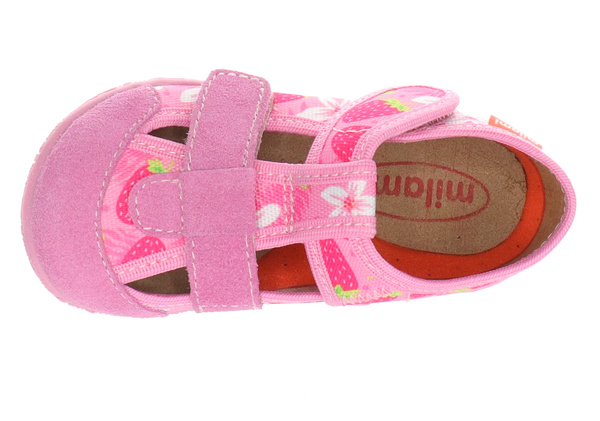 Kapcie dziewczęce do przedszkola róż Milami 118 na rzep szeroki nosek 