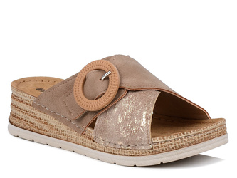 Klapki damskie na niskim koturnie skórzana wkładka Inblu RV-12 brązowe