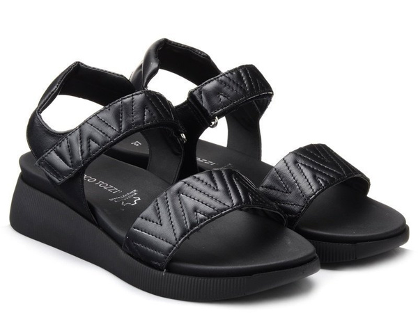 Sandaly damskie czarne Marco Tozzi 28524 na koturnie skórzane na rzep