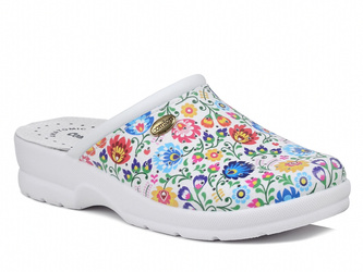 Klapki damskie skórzane medyczne białe w kwiaty Comfooty Alessia Fant.60