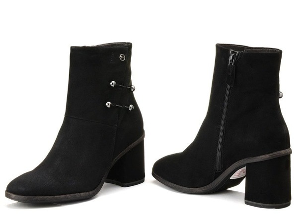 Botki jesienne damskie na obcasie zamszowe czarne Tamaris 25315 na zamek