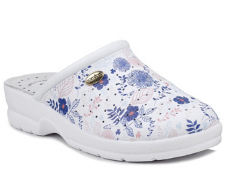 Klapki damskie medyczne sanitarne skórzane w kwiaty Comfooty Alessia