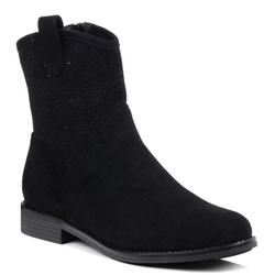 Botki damskie czarne S.Barski HY52-530 płaskie ażurowe zamszowe na zamek