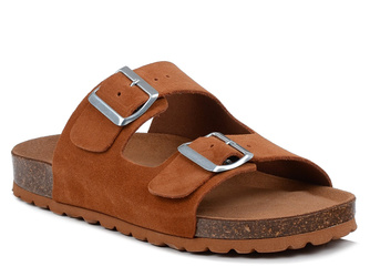 Klapki damskie brązowe Izzi Alex skórzane zamszowe profilowane na korku