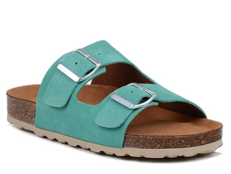 Klapki damskie zielone Izzi Alex skórzane zamszowe profilowane na korku