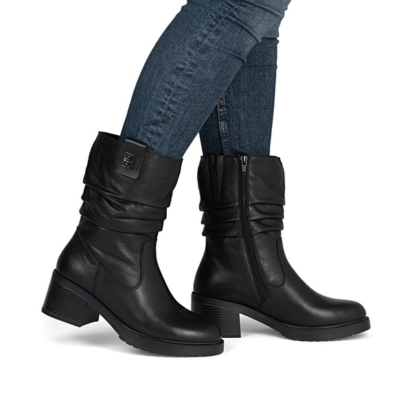 Botki zimowe damskie czarne Rieker Y5257 ocieplane skórzane na obcasie