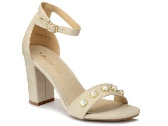 Sandały damskie na obcasie beżowe z perłami S.Barski 020A-14