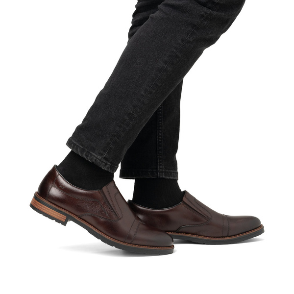 Półbuty męskie brązowe Rieker 14654 pantofle skórzane wsuwane eleganckie