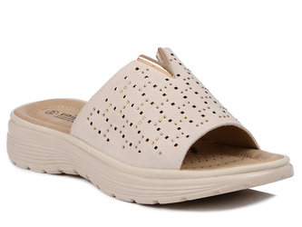 Klapki damskie beżowe Unisoft 8856 płaskie ażurowe na lato lekkie