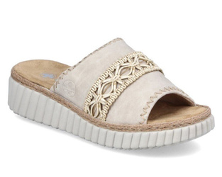 Klapki damskie beżowe Rieker 69278-60 na platformie tęgość H Anitstress