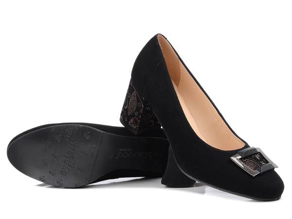 Czółenka damskie czarne Bioeco 1074 skórzane zamszowe na obcasie