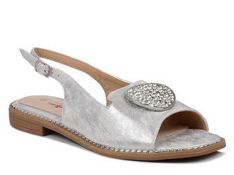 Sandały damskie srebrne S.Barski KV51-083 płaskie z ozdobą wkładka skóra