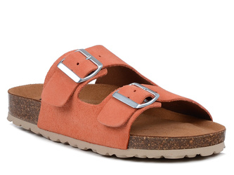 Klapki damskie koralowe Izzi Alex skórzane zamszowe profilowane na korku