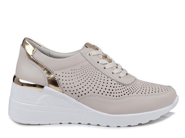 Sneakersy damskie ażurowe beżowe na koturnie skórzane S.Barski LR725 beż