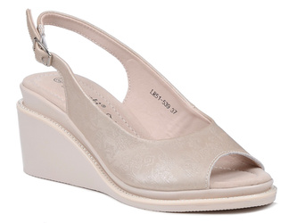 Sandały damskie beżowe S.Barski LR51-539 na koturnie skórzane wygodne