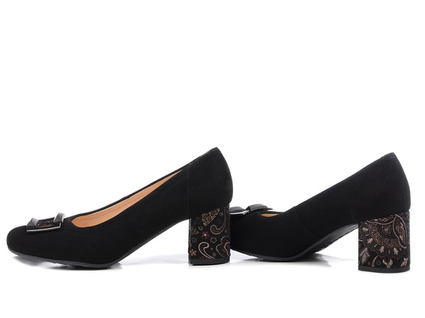 Czółenka damskie czarne Bioeco 1074 skórzane zamszowe na obcasie