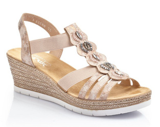 Sandały damskie Rieker 619B2-31 na koturnie pudrowy róż wsuwane wygodne