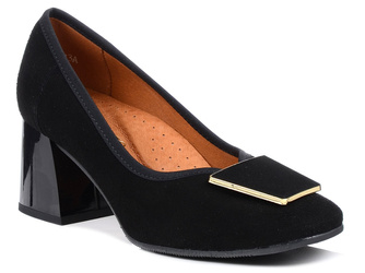 Czółenka damskie czarne Venetto 2040 na obcasie skórzane zamszowe