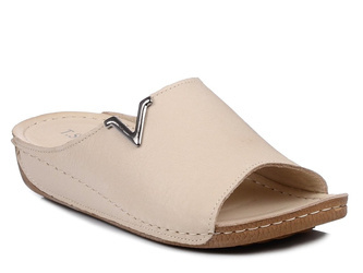 Klapki damskie beżowe T.Sokolski 301 na niskim koturnie skórzane wygodne