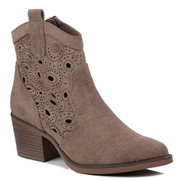 Botki damskie kowbojki beżowe Evento 9452 zamszowe ażurowe na obcasie