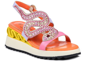 Sandały damskie na koturnie skórzane wielokolorowe wygodne DiA 074 Roż