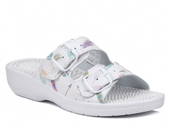 Klapki damskie skórzane medyczne białe fakirki masujące z kolcami Nadia