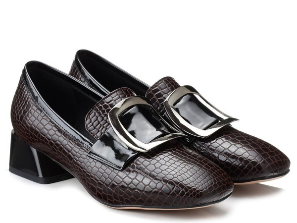 Półbuty damskie na obcasie DiA A4 lakierowane eleganckie brązowe