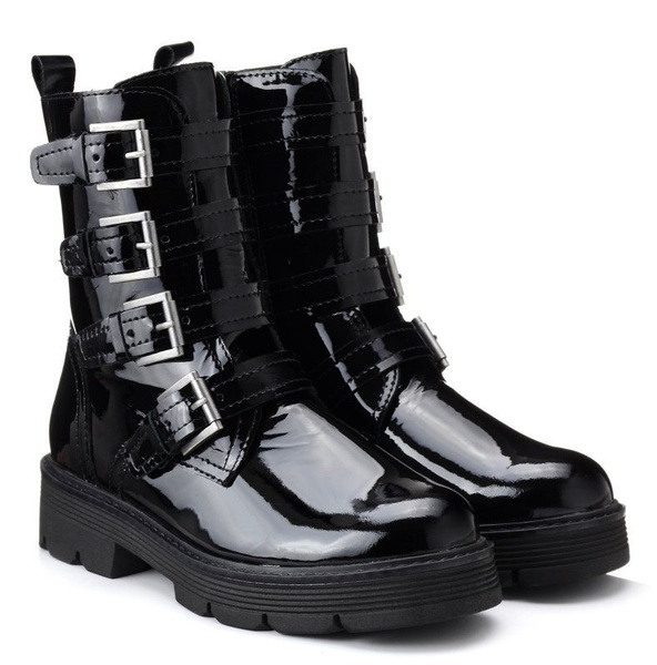 Botki damskie czarne Marco Tozzi 25819 skórzane lakierowane ocieplane