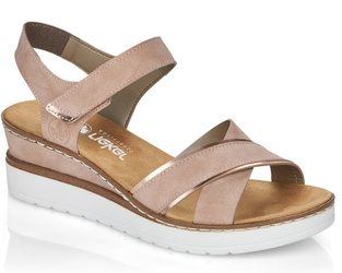 Sandały damskie Rieker V38G9-31 na koturnie pudrowy róż zapinane na rzep