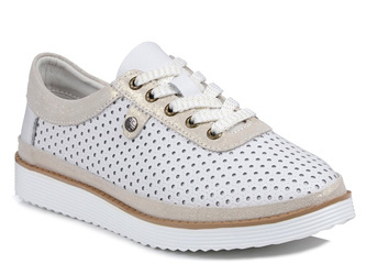 Półbuty damskie skórzane biało złote ażurowe sznurowane S.Barski 29558