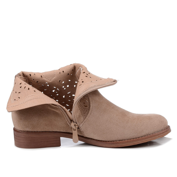 Botki damskie beżowe zamszowe S.Barski 61-8019 płaskie ażurowe na zamek