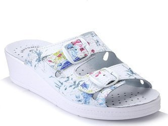 Klapki białe damskie skórzane w kwiaty medyczne sanitarne Comfooty Mia