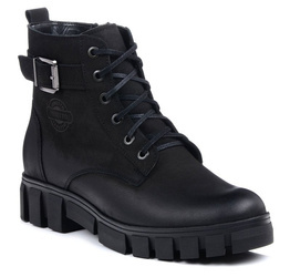 Botki damskie zimowe ocieplane skórzane czarne na platformie Venetto 373