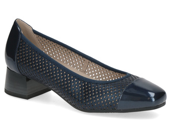 Czółenka damskie skórzane granatowe Caprice 22304 szerokie tęgość H