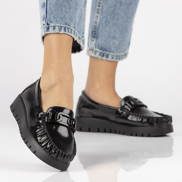 Buty damskie mokasyny skórzane czarne na platformie Filippo 3334
