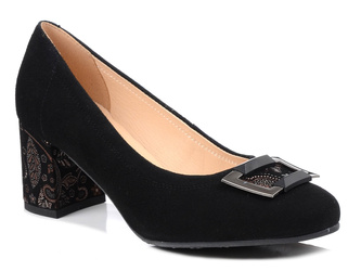 Czółenka damskie czarne Bioeco 1074 skórzane zamszowe na obcasie