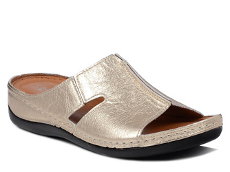 Klapki damskie złote T.Sokolski 507 na niskim koturnie  skórzane wygodne