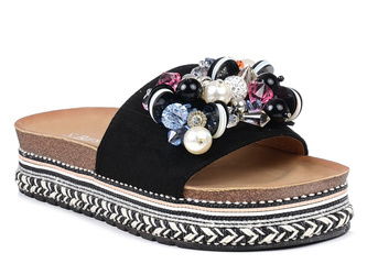 Klapki damskie na platformie na lato czarne z ozdobą S.Barski HY077