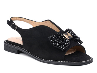 Sandały damskie czarne S.Barski KV51-014 płaskie zamszowe z ozdobą