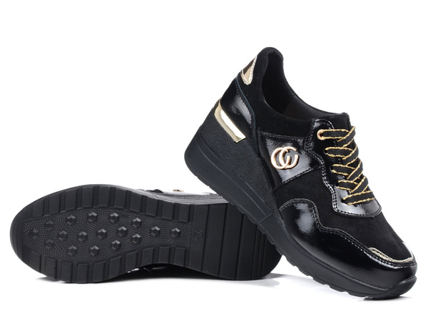 Sneakersy damskie czarne S.Barski LR29169 na koturnie skórzane wygodne