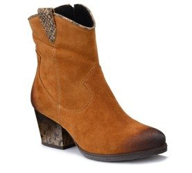 Kowbojki damskie skórzane zamszowe camelowe botki Simen 2087A na obcasie