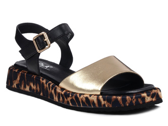 Sandały damskie złoto-czarne D&A JC51-347 na platformie skórzane wygodne