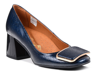 Czółenka damskie granatowe Venetto 2068 na obcasie skórzane lakierowane