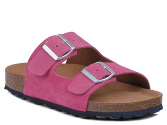 Klapki damskie fuksja Izzi Alex skórzane zamszowe profilowane na korku