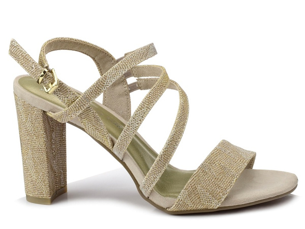 Sandały damskie złote Marco Tozzi 28391 na słupku błyszczące wygodne